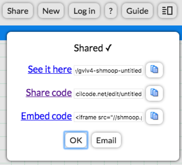 The Share popup menu, with options to link to the image or the code (and image), or embed the code in a webpage.