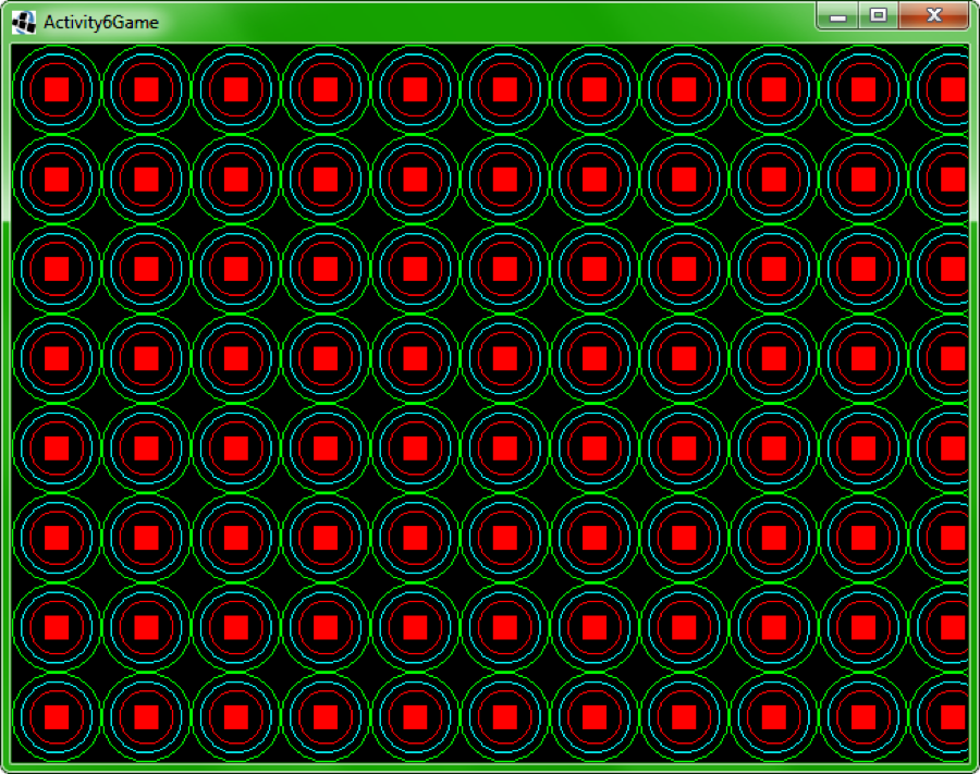 A window with squares and circle outlines in a very disorienting pattern.